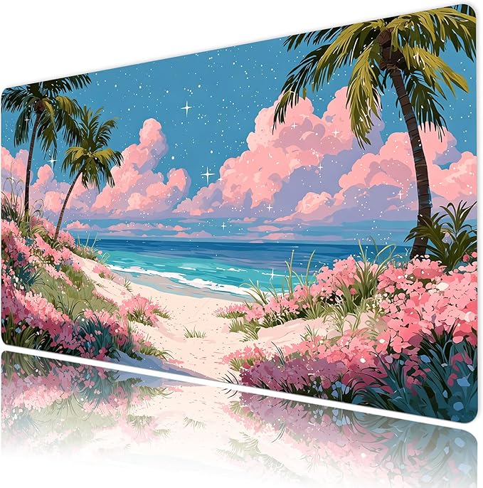 HVEST Pink Floral Beach Mouse Pad, Tropical Ocean Pastel Cloud Desk Mat,Large Mouse Pad for Laptop Computer, Mousepad with Non-Slip Rubber Base and Stitched Edge for Game, Office, Home 31.5'' x 15.7''