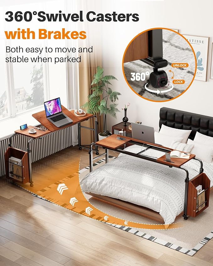 Laptop Desk for Bed,6-Angle Adjustable Overbed Table with Wheels,Adjustable Height and Length Bed Table for Laptop with Side Bookshelf,Standing Desk,Over Bed Desk for Working Hospital Home (Oaken)
