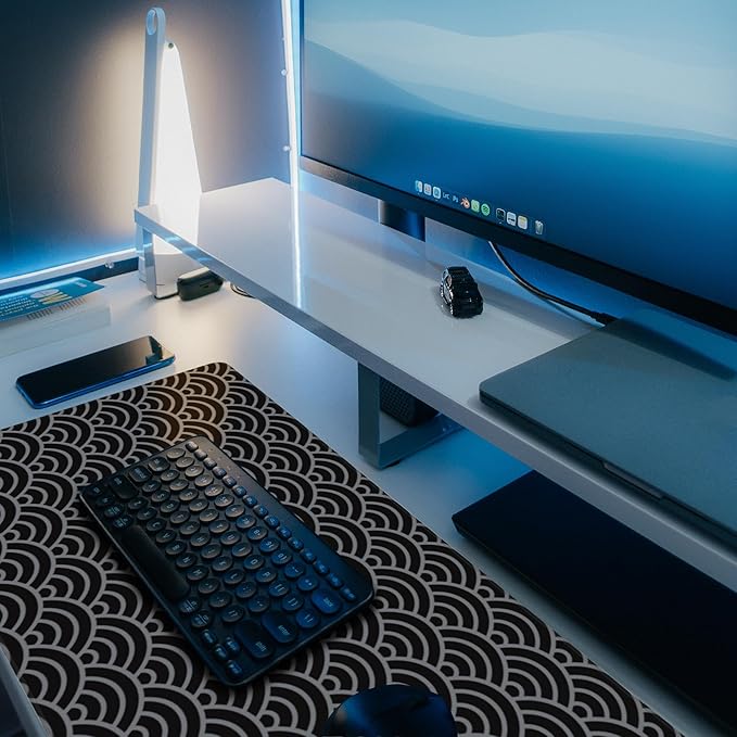 Desk Pad, Black and Silver Fan-Shaped Waves Extended Gaming Mouse Pad Large, 31.5"x11.8" Big Mouse Pad with Non-Slip Base and Stitched Edge, Long Computer Keyboard Mouse Mat for Home Office Work