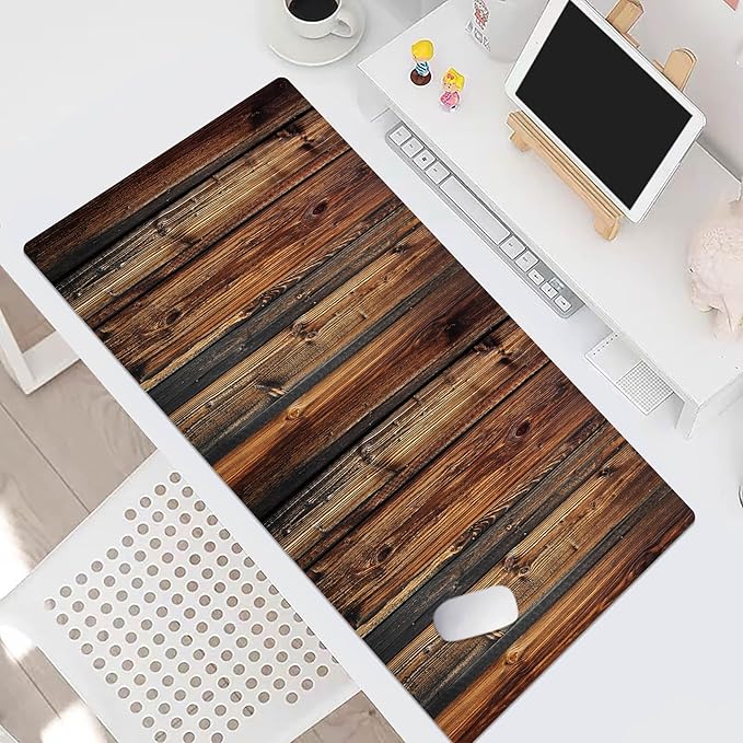LB Rustic Wood Brown Mouse Pad Large Vintage Wood Texture Desk Mat Non-Slip Rubber Base Gaming Computer Mouse Mat for Home, Office 15.75L X 31.5W Inch