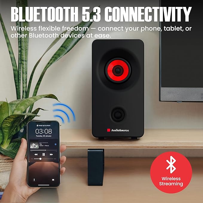 Audiosource Desktop PC Speakers with Bluetooth 5.3, USB-C Plug & Play, 2.0 Stereo Computer Speakers with Dual 2" Drivers, AUX Input, LED Indicator, Compact Design for PC, Laptop & Home Office (Black)