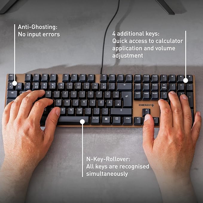 Cherry KC 200 MX, Wired Mechanical Office Keyboard, Modern Design with Elegant Aluminum Surface, USB-A Connection, MX2A Silent RED Switches, Black/Bronze