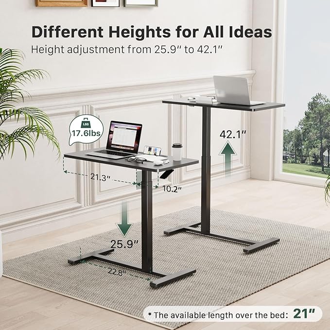 Mobile Standing Desk, Pneumatic Adjustable Rolling Desk(31.5 Inches), Portable Laptop Desk with Wheels, Overbed Bedside Table Laptop Table for Couch, Home, Office, Black