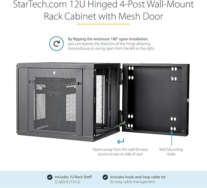 StarTech 4-Post 12U Wall Mount Network Cabinet w/ 1U Shelf, 19" Wall-Mounted Server Rack Kit for IT / Data Computer Equipment, Ships Fully Assembled