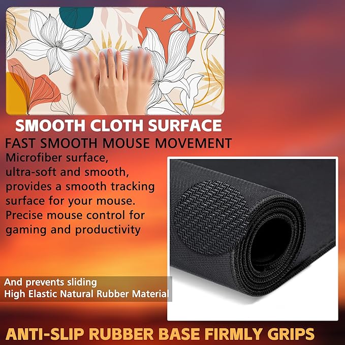 Floral Line Art Desk Pad, Large Gaming Mouse Pad, 31.5"x15.7" Extended Big Computer Keyboard Mouse Pad with Non-Slip Base and Stitched Edge