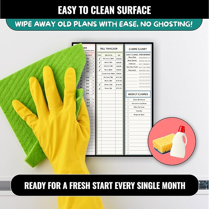 Magnetic Dry Erase Budget Planner and Bill Organizer | 10" x 14" Whiteboard Calendar for Wall or Fridge | Monthly Bill Tracker, Chore Chart, and Family Organizer | Dry Erasable Markers Included