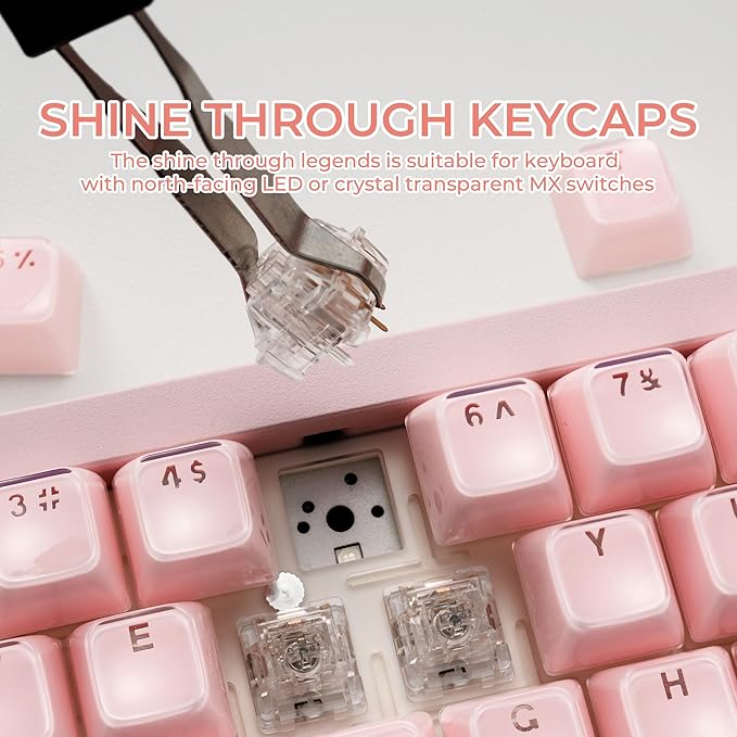 XVX Pink Jelly Keycaps for Mechanical Keyboard, Cute Crystal Keyboard Keycaps, Shine Through Keycap Set Compatible with 61/68/84/87/98/100 ANSI and ISO Layout MX Switches Mechanical Keyboard