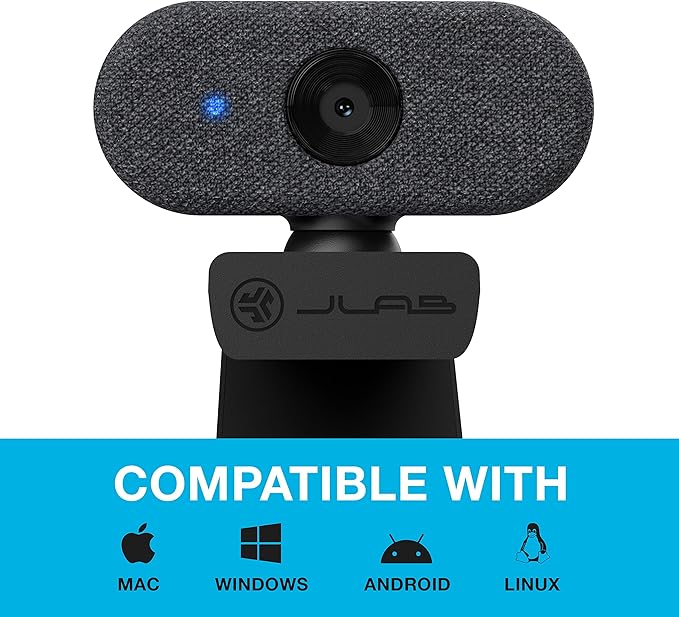 JLab Go Cam USB HD Webcam, Black, 1080P/30 FPS, 2.1 Megapixels, Minimalist Portable Set-up, Omni-Directional Microphone, Compatible with PC, Mac and Chromebook