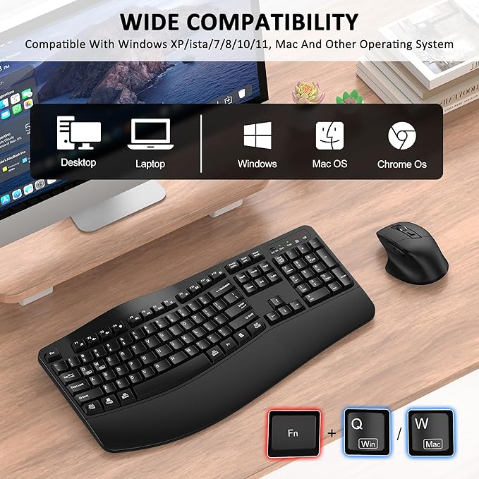 Wireless Keyboard and Mouse Combo, EDJO 2.4G Full-Sized Wave Keys Ergonomic Keyboard and Wireless Optical Mouse, Energy-Saving Wireless Mouse Keyboard for Computer, Mac, Laptop, PC, Windows