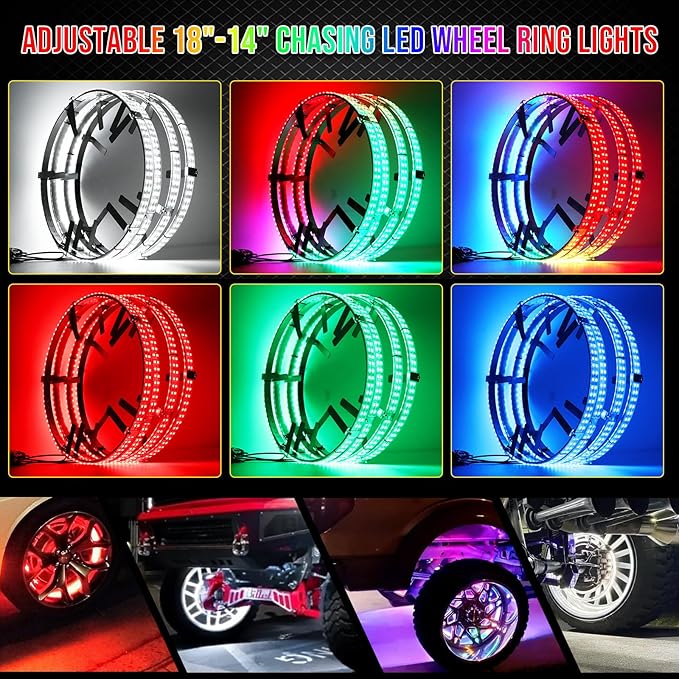 Adjustable 14-18inch 2-Rows Adjustable Wheel Ring Lights, RGBW Wheel Lights for Truck, LED Chases Dancing Color Rim Lights Fit for All Truck Pickup Car SUV Off-Road 4 Wheels Vehicle
