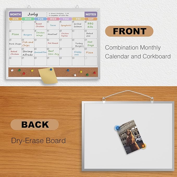 Monthly Calendar Dry Erase Board 16x12 Inch, Double-Sided Whiteboard and Corkboard Combo with Silver Aluminum Frame (Color Calendar), Wall Mounted Planner with Marker, Magnet, Push Pin, Eraser