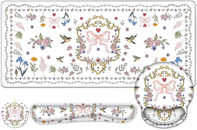 White Florals Mouse Pad, XXL Large Desk Mat Extended Nature Aesthetic Desk pad, 4 PCS Non-Slip Rubber Base Computer Big Mousepads for Work, Game, Office, Home Decor I Weeds Vintage Birds