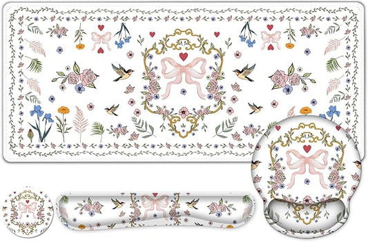 White Florals Mouse Pad, XXL Large Desk Mat Extended Nature Aesthetic Desk pad, 4 PCS Non-Slip Rubber Base Computer Big Mousepads for Work, Game, Office, Home Decor I Weeds Vintage Birds