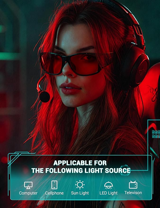 TIJN Sonia Red Sleep Glasses Orange Lens for Blue & Green Light Blocking,Dual AR Coating,Wraparound Frame for Gaming Screen