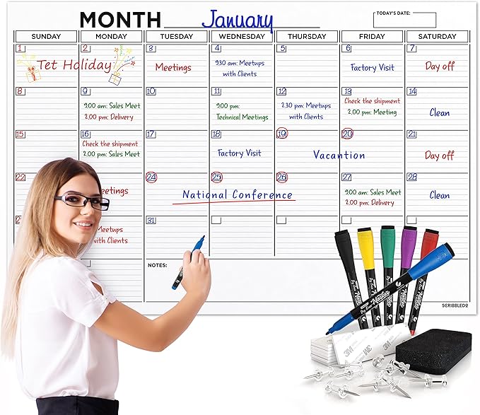 Large 36"x48" White Board Calendar Blank Dry Erase Calendar for Wall Big Dry Erase Wall Calendar Monthly Large Wall Calendar Dry Erase Board Planner Includes 6 Markers Eraser Push Pins & Mounting Tape