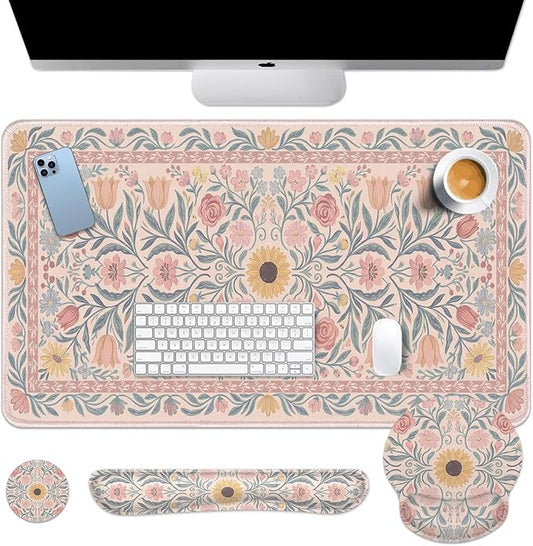 Arttown Spring Flower Desk Mat Leaves Floral Colorful Mouse Pad Set 4 in 1 Ergonomic Design Large Mouse Pad + Keyboard Wrist Rest + Mouse Wrist Rest + Coaster Suitable for Home Office Study Game