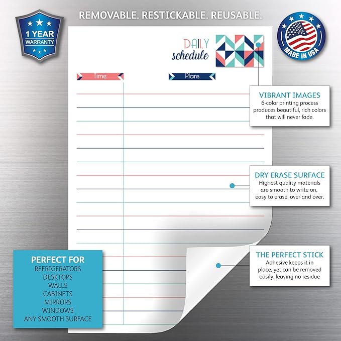 Dry Erase Daily Schedule Planner Sticker Decal by Glassboard Studio | Removable & Reusable | Magnetic Fine-Tip Marker Included (6 x 9 inches, Geometric)