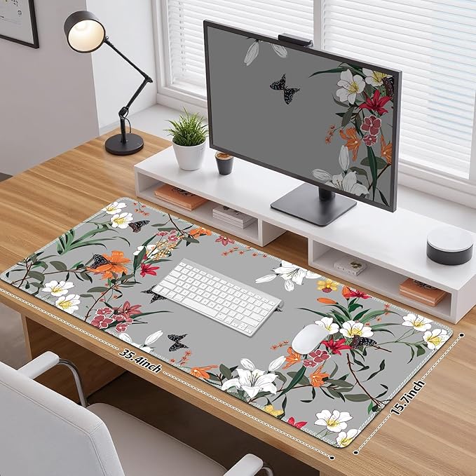 Desk Pad for Keyboard and Mouse, Large Mouse Pad for Desk, Non-Slip Keyboard Mat, Computer Mats for Desk, Desk Pad with Stitched Edges for Office, Gaming I Gray Wild Grass Flowers
