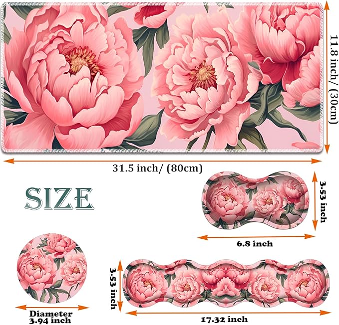 Large Gaming Mouse Pad + Keyboard Wrist Rest + Wrist Support + Coaster Set, Memory Foam Ergonomic for Easy Typing, XXL Extended Gaming Mouse Pad Table Pad - Art Pink Flowers
