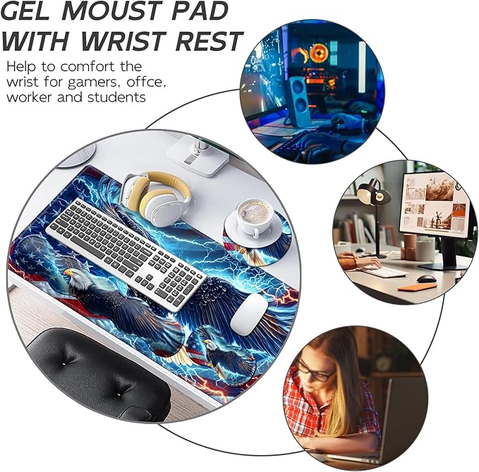 Gaming Mouse Pad Set, American Flag Eagle Large Desk Mat Mousepad, Keyboard Wrist Support, Mouse Wrist Rest, Coaster 4in1 Ergonomic Memory Foam, Non-Slip Stitched Edge for Home Office