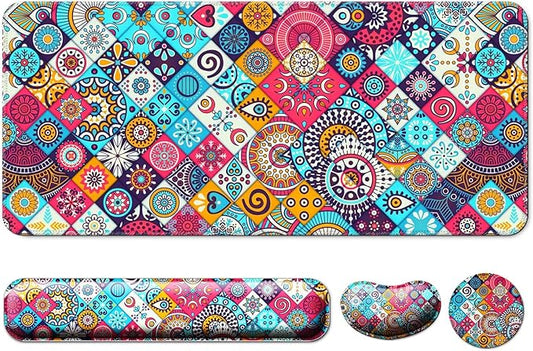 Keyboard Wrist Rest + Mouse Pad with Wrist Support + Desk Mat + Coaster 4 in 1 Set, XXL Large Gaming Mousepad Cute Ergonomic Mouse Pads for Desk Computer Laptop Office Decor-Mandala