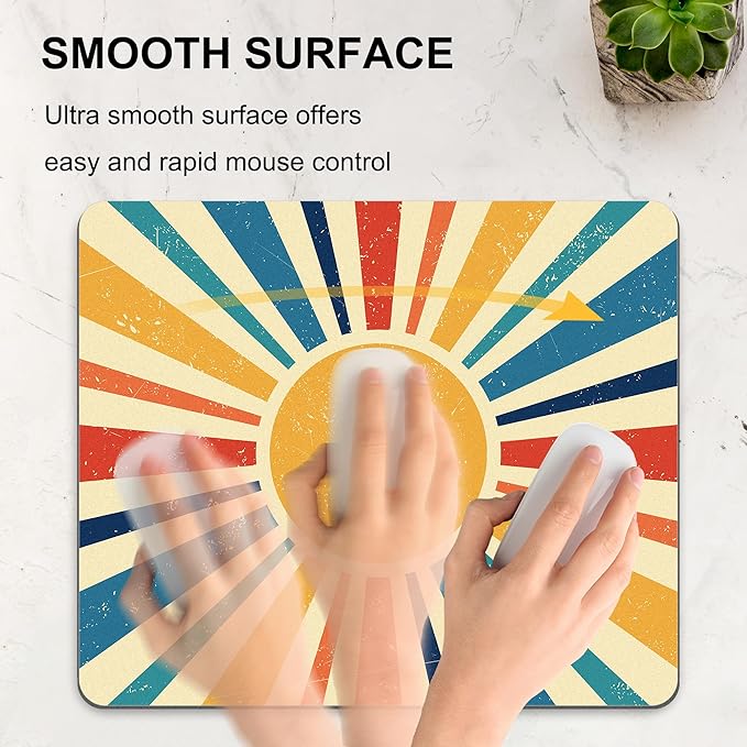Retro Sun Mouse Pad Desk Mousepad Yellow Blue Rainbow Abstract Boho Vintage Aesthetic Square Computer Cute Washable Small Mat Non-Slip Rubber Gaming Office Laptop Wireless Travel Accessories