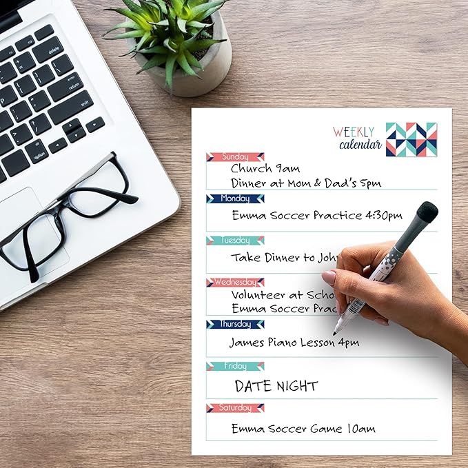 Dry Erase Weekly Calendar Planner Sticker Decal | Removable & Reusable | Magnetic Fine-Tip Marker Included (9 x 12 inches, Geometric)
