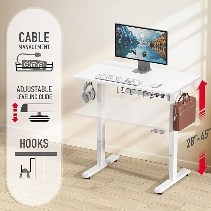 SHW 40 x 22 Inches Electric Height Adjustable Sit to Stand Desk with Hanging Hooks and Cable Management, White Frame and White Top