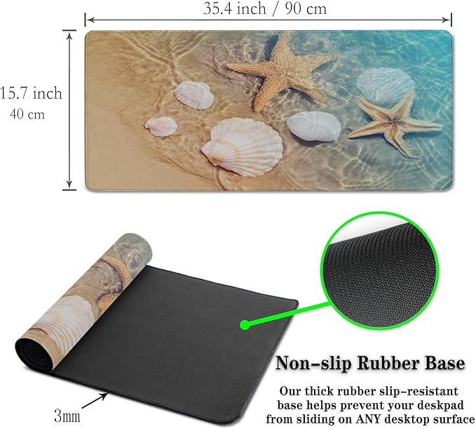 Large Mouse Pad Palm Starfish Seashell, Gaming Mouse Pads Office Desk Pads, Full Desk Mouse Pad Non-Slip Rubber Base, 35.4 X 15.7 inch for Work/Game/Office/Home Summer Beach Sea Sand Water