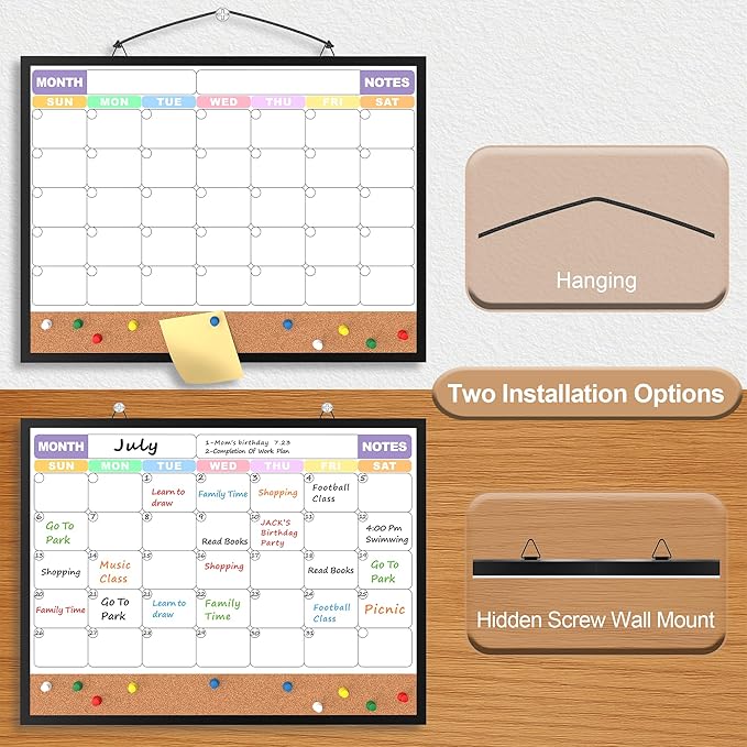 Monthly Calendar Dry Erase Board 16x12 Inch, Double-Sided Whiteboard and Corkboard Combo with Black Aluminum Frame (Color Calendar), Wall Mounted Organizer with Markers, Magnets, Push Pins, Eraser