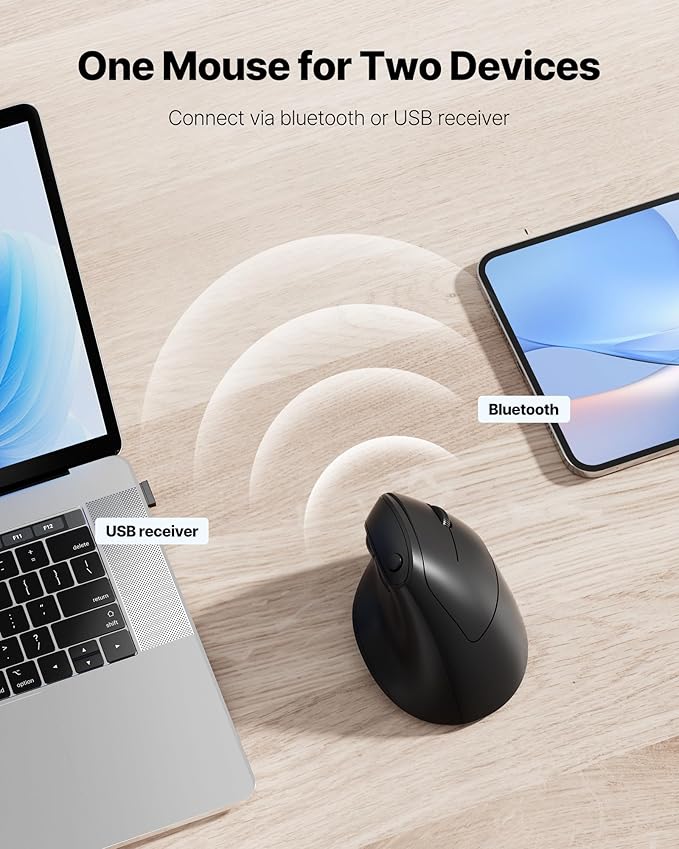 Ergonomic Mouse, USB+Bluetooth Dual Connection, Wireless Vertical Mouse for Reducing Wrist Pain, 1000/1600/2400 DPI, Ergo Mouse with Quiet Click for Windows Mac OS PC Computer Laptop, Black