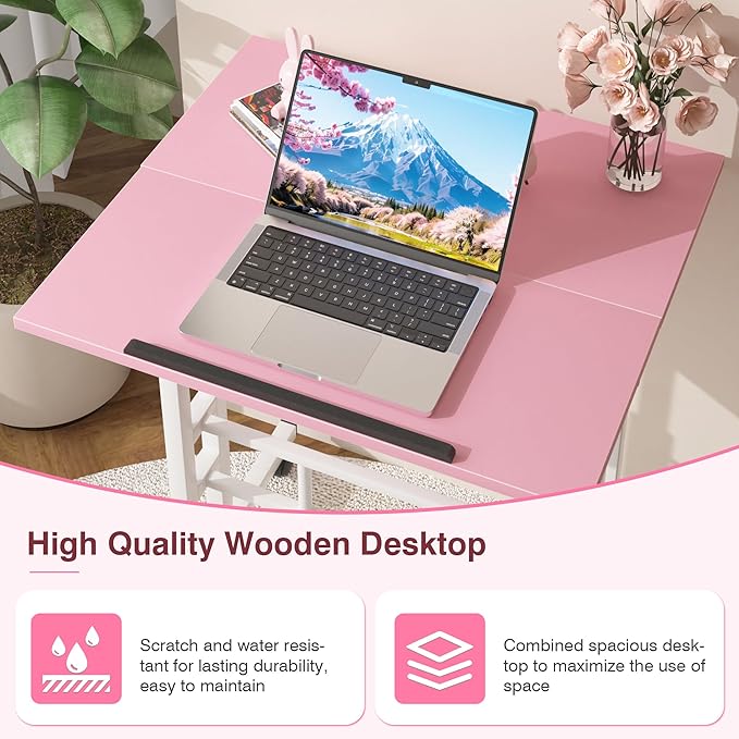 VECELO Small Mobile Standing Desk 24 Inch, Adjustable Height Portable Stand Up Desk with Wheels Computer Workstations, Rolling Laptop Cart, Pink