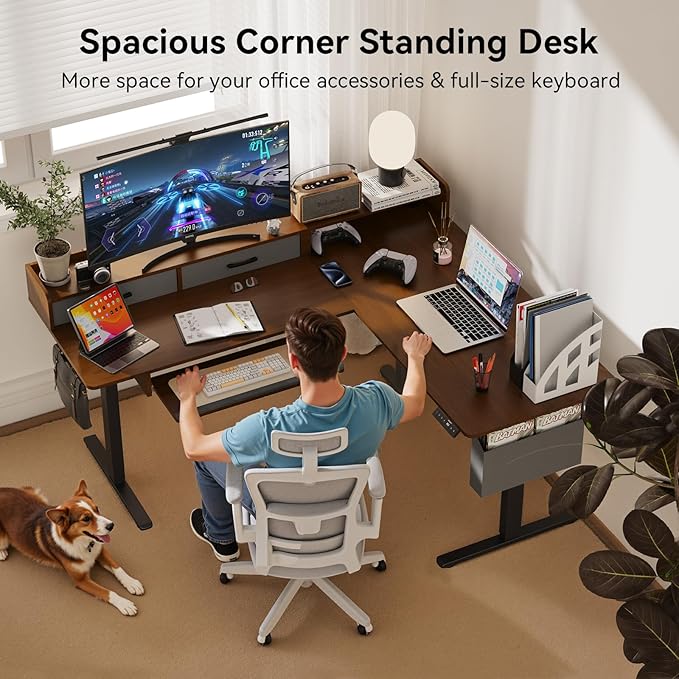63 Inches Height Adjustable L Shaped Standing Desk with 2 Drawers and Keyboard Tray, Electric Sit to Stand Home Office Comupter Table, Ergonomic Corner Gaming Desk, Black Walnut