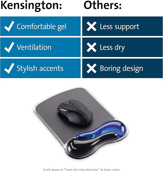 Kensington Duo Gel Mouse Pad with Wrist Rest,Ergonomic Wrist Support for Pain Relief,Comfortable Non-Skid Gel Pad for Computer,Laptop,Office & Home 9.6" x 7.6",Blue K62401AM,(Pack of 4)