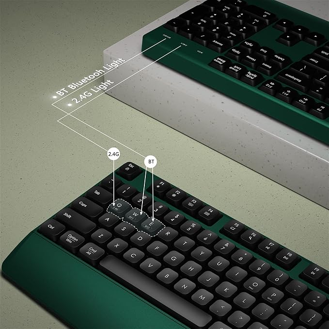 Wireless Bluetooth Keyboard, Ergonomic Wireless Keyboard with Wrist Rest, 2.4GHz & Bluetooth Dual-Mode Compatibility for PC, Laptop, Windows, Mac, and More (Black Green)