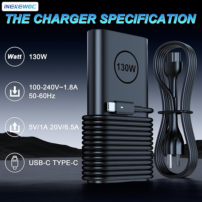 130W USB C Laptop Charger Compatible with Dell XPS 15 17 2in1 9575 9500 9520 9700 Precision 3560 5550 5530 5750 5560 5570 Latitude 9510 9410 7210 7310 7410 5510Type C AC Adapter Power Cord