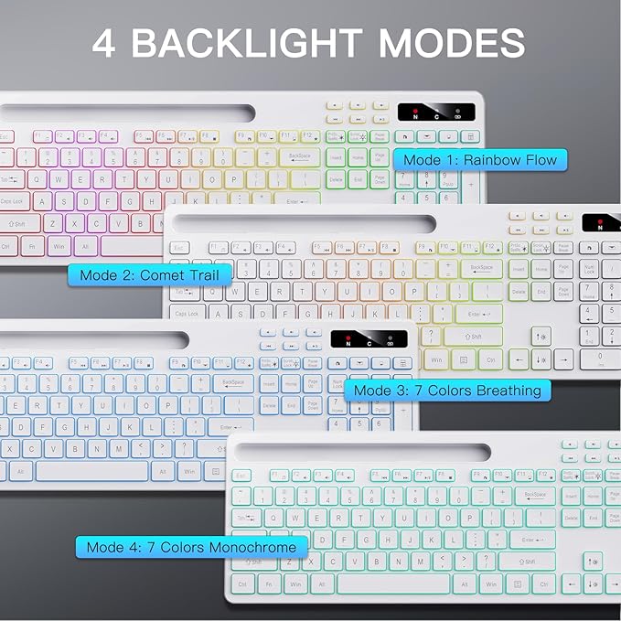 Wireless Keyboard with 7-Color RGB Backlit, Full-Size Computer Keyboard with Phone Tablet Holder, 2.4G Rechargeable Gaming Keyboard with Light Up Keys, Compatible with Mac, Windows (White)