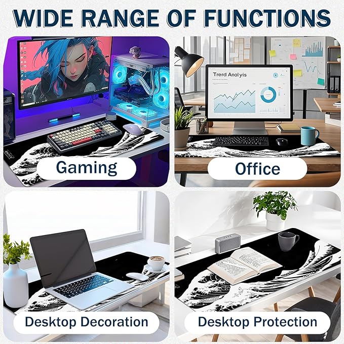 Mouse Pad Gaming - Desk Mat for Keyboard and Mouse - Black Large Mouse Pad for Desk, Mousepad (35.4" X 15.7") with Non-Slip Base, Desks Pad Mat for Gaming, Office and Home