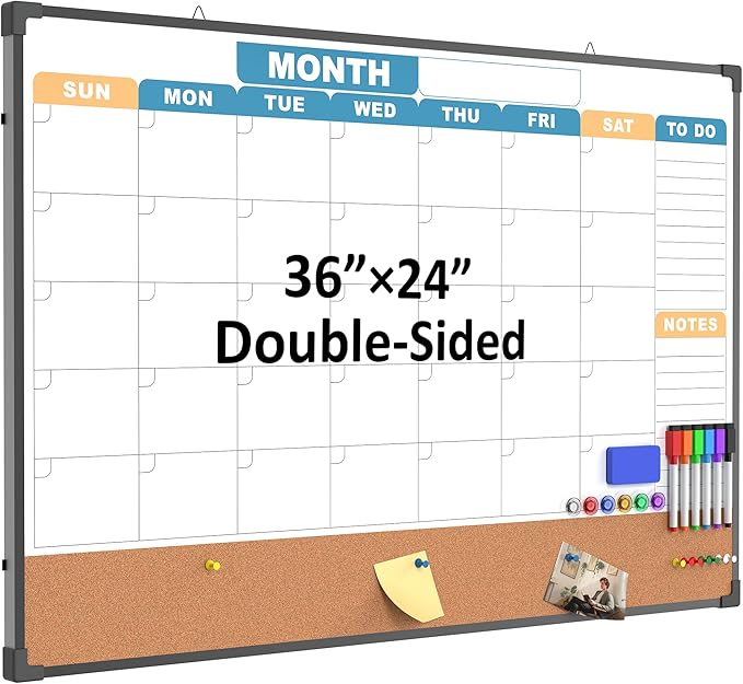 Monthly Calendar Dry Erase Board 36x24 Inch, Double-Sided Whiteboard and Corkboard Combo with Black Aluminum Frame (Color Calendar), Wall Mounted Planner with Marker, Magnet, Push Pin, Eraser
