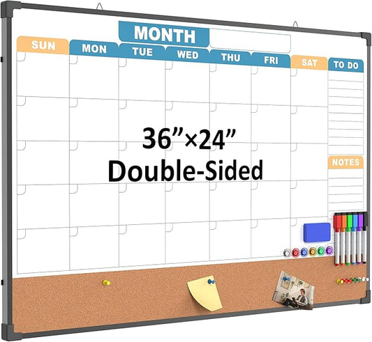 Monthly Calendar Dry Erase Board 36x24 Inch, Double-Sided Whiteboard and Corkboard Combo with Black Aluminum Frame (Color Calendar), Wall Mounted Planner with Marker, Magnet, Push Pin, Eraser