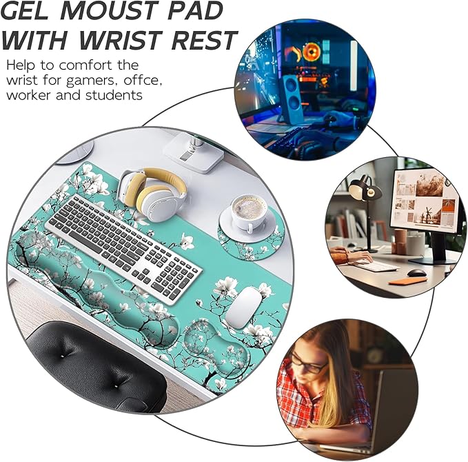Gaming Mouse Pad Set Turquoise White Cherry Large Desk Mat Mousepad, Keyboard Wrist Support, Mouse Wrist Rest, Coaster 4in1 Ergonomic Memory Foam, Non-Slip Stitched Edge for Home Office