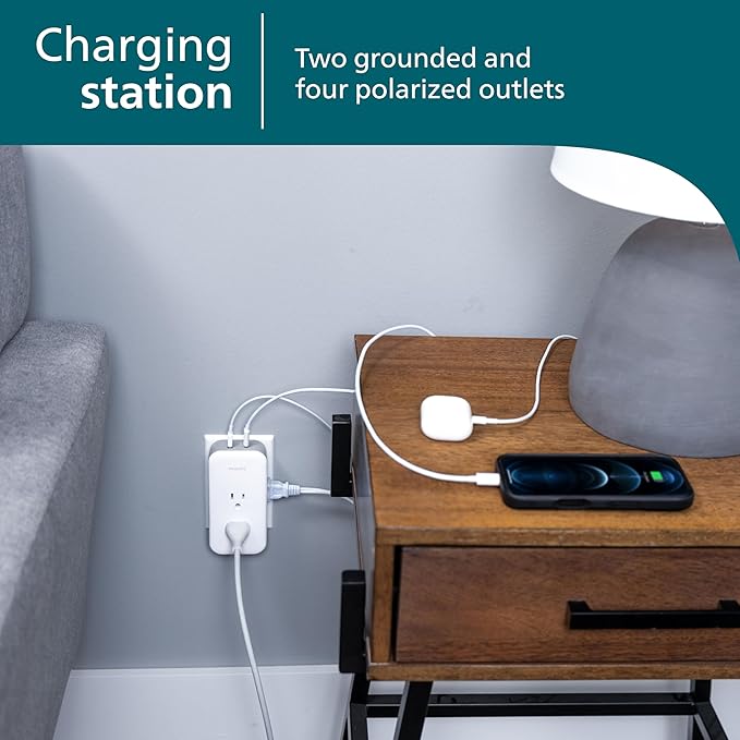 Philips All-in-One Surge Tap with USB, 2 Grounded & 4 Polarized Outlets, 1 USB-C & 1 USB-A Port (15W Shared), 490 Joules, ETL Certified, White/Gray, SPP3503GW/37