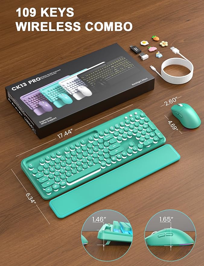 Wireless Keyboard and Mouse Combo - Backlit Typewriter Keyboard with Magnetic Wrist Rest & Phone Holder, Light Up Round Keycaps, 2.4GHz Cordless Set for Mac, Windows, PC, Laptop, SABLUTE