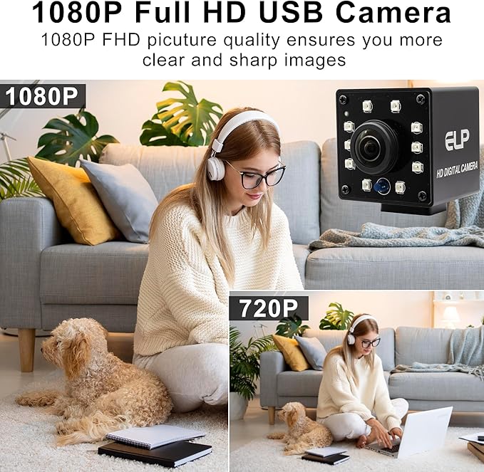 1080P Day&Night Vision USB Camera with Auto IR-Cut Switching, 166Degree Fisheye Lens Wide Angle Webcam, OV2710 30FPS/60FPS/120FPS High Speed Security Camera Plug&Play for Remote Monitoring/3D Printer