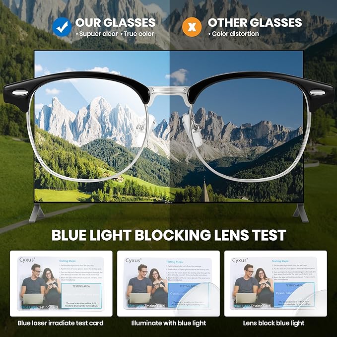 Cyxus 2 Pack Blue Light Glasses Men Women Retro Semi Rimless Browline Blue Light Glasses for Computer Eye Strain Gaming Glasses（402B002 Black & Wine Red）