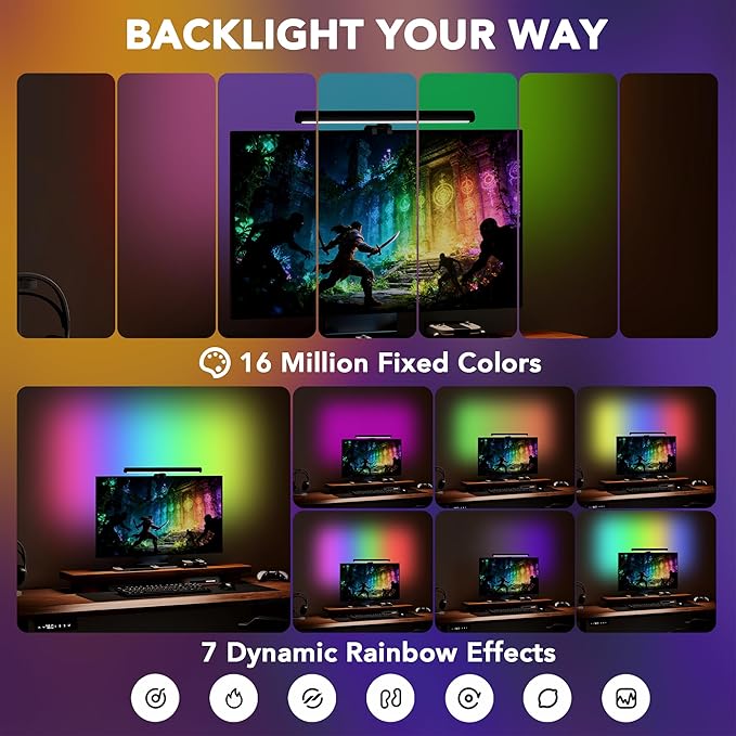 Smart Monitor Light Bar with RGB Backlight, Software-Controlled Screen & Music Sync, LED Monitor Lights for Gaming & Work with 16 Million Colors and 18 Modes – 16"