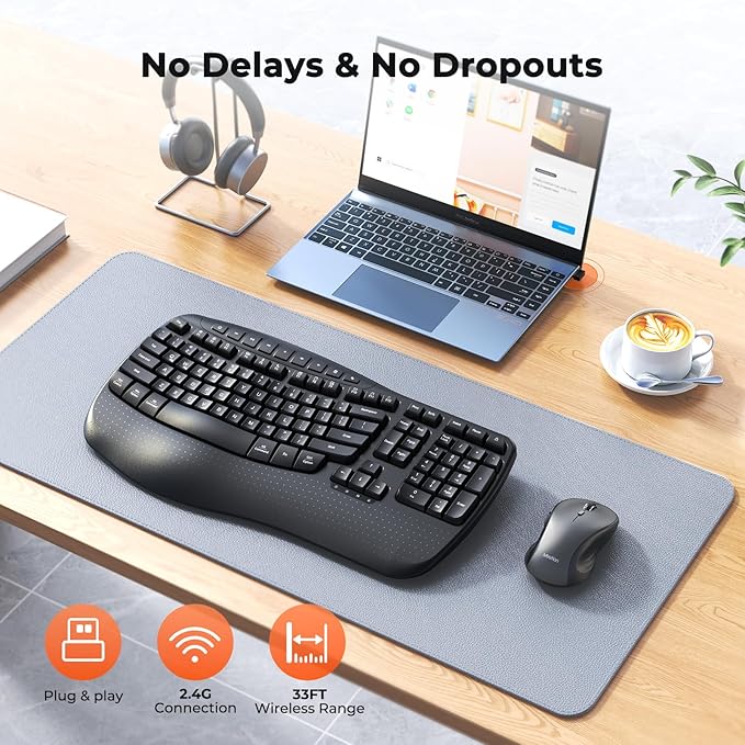MEETION Ergonomic Keyboard and Mouse Wireless Combo, Wave Keys Natural Typing, 2.4G USB Receiver Wireless Keyboard with Wrist Rest, 4 Adjustable DPI Optical Mouse, Computer/Laptop/Windows/Mac, Black
