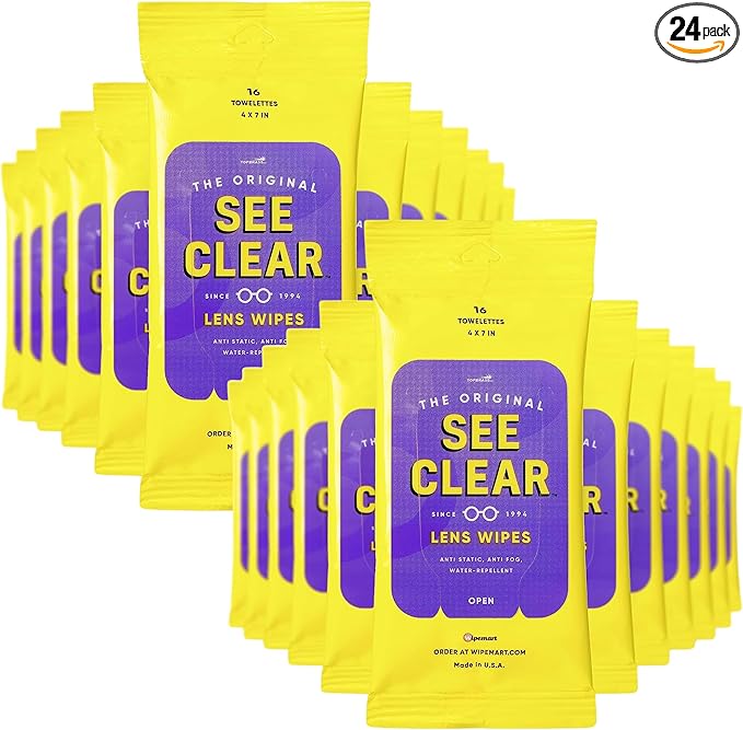 Wipemart See Clear Original Lens Cleaning Wipes - Pre-Moistened Eyeglass & Screen Cleaning Cloth Towelettes - Streak Free, Scratch Free Lens & Electronic Screen Cleaner - 24 Resealable Packs of 16