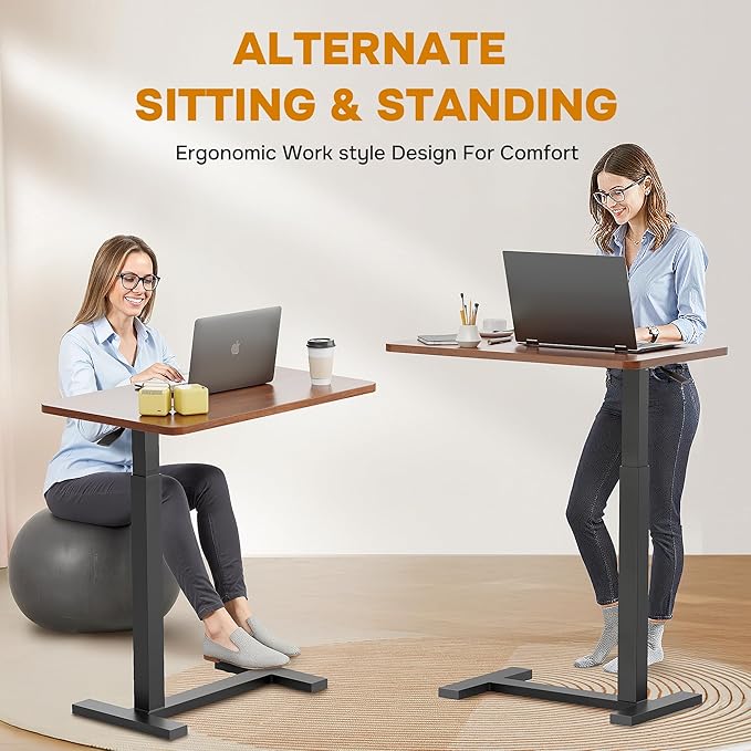 Simple Deluxe Adjustable Overbed Bedside Table with Wheels, Pneumatic Adjustable Hospital & Home Use Bed Table, Rolling Laptop Table, Mobile Standing Desk, Brown