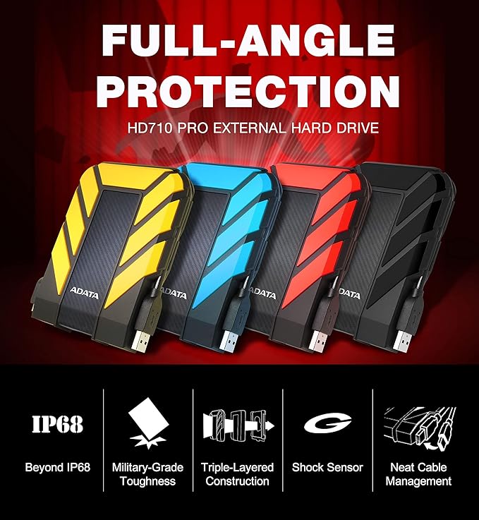 ADATA HD710 Pro - 4 TB External Hard Drive - Shockproof, Waterproof & Dustproof - Durable Storage - For Gamers, Students & Professionals - Mac, PC & Linux Compatible - Black - AHD710P-1TU31-CBK